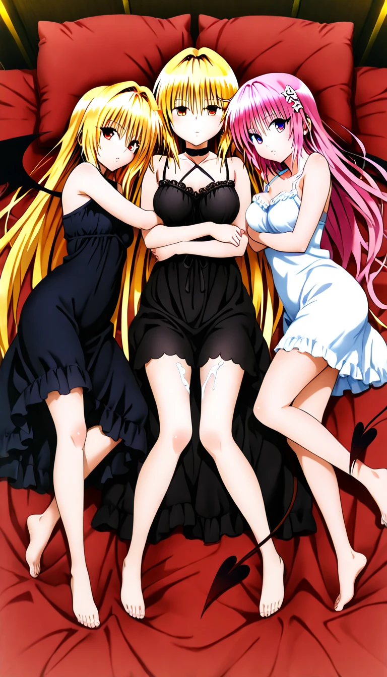 2 beautiful girls with blond hair and red eyes，Naked shoulder pajama set, medium , beautiful legs, changing clothes on big bed
