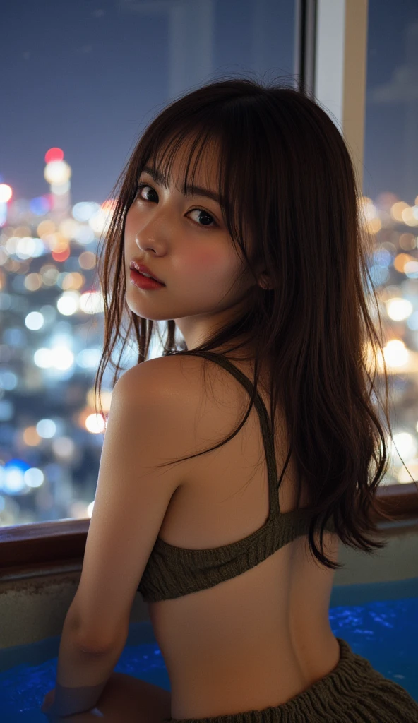 1womanl、Early 20s、(Strong-willed super beauty)、(ultra beautiful faces)、(natta)、Wearing makeup、Wavy brown hair、Sitting in the seat of the Ferris wheel、Night view of Osaka city from the window、Shallow depth of field、small tits、very small breasts、Small bust、Slimed、A slender、Sleeveless Summer Dresses、