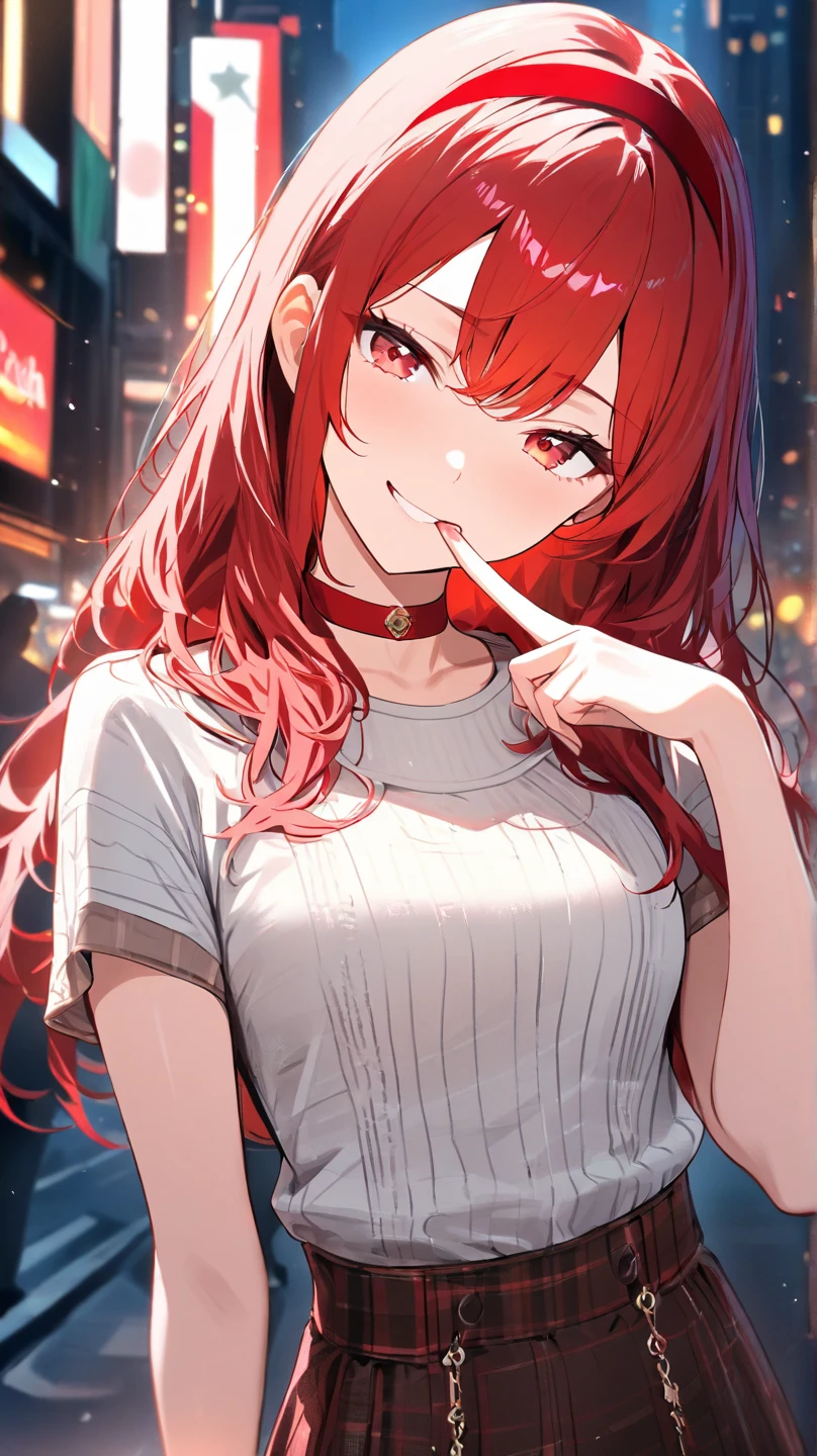 Upper Body,(handling_smart_phone, smart_phone:1.2)、
Realistic, real person, (pale skin: 1.2), RAW photo, photorealistic, portrait photography, shiny skin, shiny hair、(Medium Hair) and (red hair) and (red eyes) ,
、blush, smile, The background is the interior of a bar at night.、Alone、
(red) and (off shoulder blouse)
