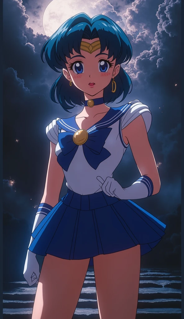 ailorMercury, short blue hair, blue eyes, gold circlet, choker, blue sailor senshi uniform, white elbow gloves, blue skirt, white elbow gloves, blue bow, looking at viewer, serious, fighting pose, space, stars, galaxy, high quality, masterpiece, <lora:AmiMizuno:.8>