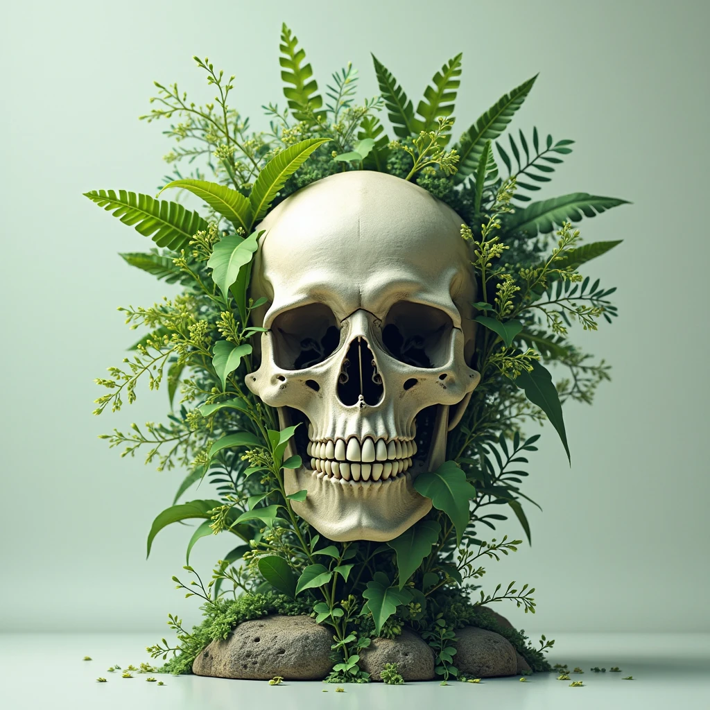 A broken skull with a plant coming out of the drawing