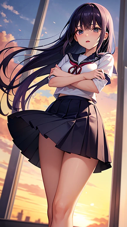 score_9, score_8_up, score_7_up, score_6_up, score_5_up, score_4_up, source_anime, aatomoyo, long hair, black hair, beret, white hat, straight bangs, purple eyes, small breasts, serafuku, white sailor collar, white scarf, black shirt, long sleeves, pleated skirt, white skirt on the side, field, sunset, wind, standing, cowboy shot, from the back, on all fours with her ass sticking out towards the camera, sexy position,