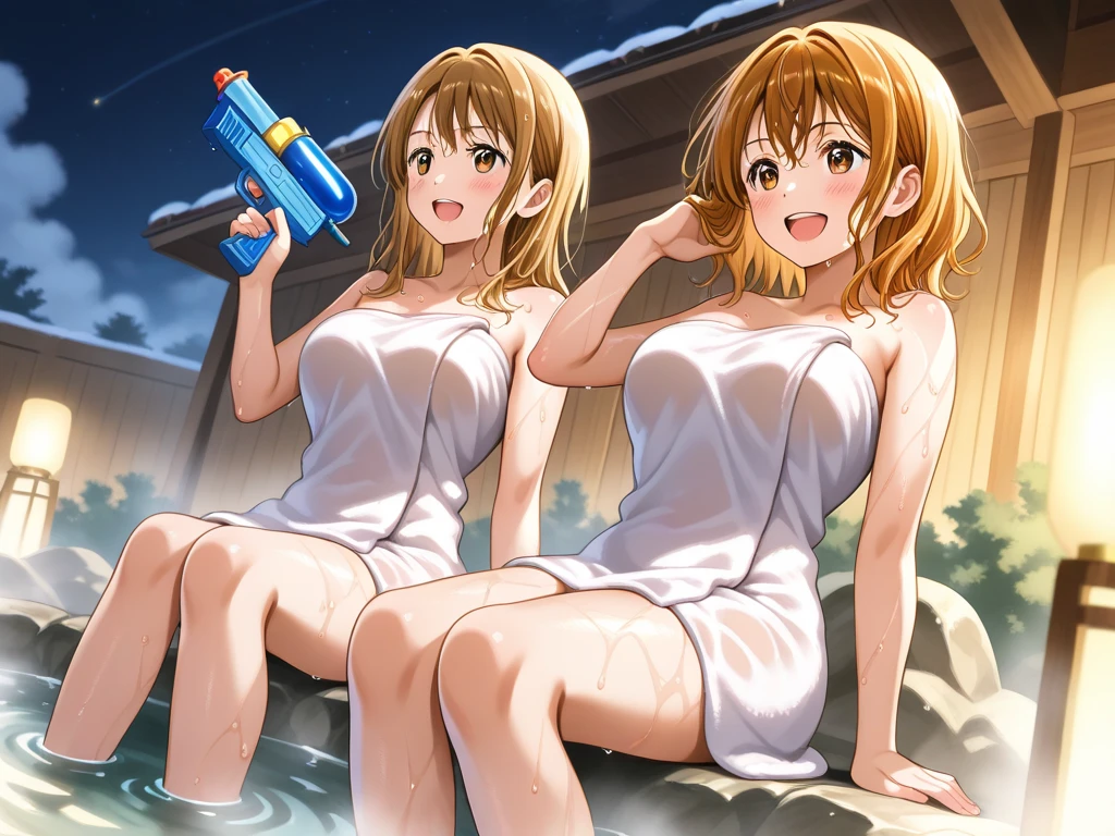 (A Certain Science Railgun、Misaka Mikoto)、((Naked and shoulder-deep in hot springs))、(Blonde medium hair)、Young、Cute、a beautifulchi girl、Perfect Style、Colossal tits、Emphasizes cleavage、deadpan、realisitic、Realistic、8k、ighly detailed、top-quality、Top image quality、超A high resolution、masterpiece、one girls、(The background is a hot spring)、