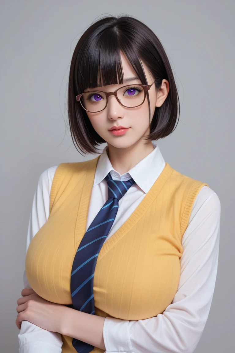 Looking into the camera,high school girl,Leaning forward,(Random cute uniforms),(Random erotic poses),(Thin type),(Extremely large breasts),(Big Tits)(Accentuate your cleavage)(Voluptuous body)(Black Short Hair)(Pixie Cut),(Best image quality, (8k), Ultra-realistic, 最high quality, high quality, High resolution, high qualityの質感, Attention to detail, Beautiful details, Fine details, Highly detailed CG, Detailed Texture, Realistic facial expressions, masterpiece, in front),(Wear glasses:1.1)
