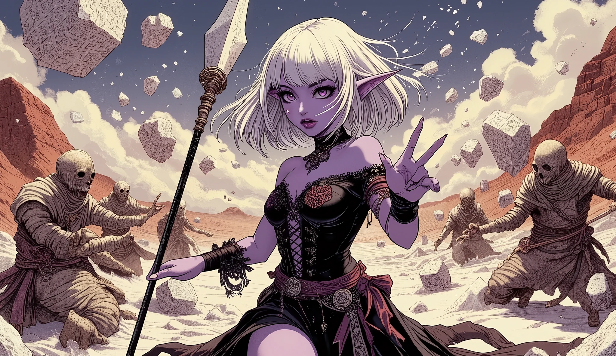 (A fusion of Ukiyo-e and dark fantasy. Aesthetic and gothic digital art. The illustration is drawn from a viewpoint looking up at a woman from a low position.) BREAK
(White hair. Blunt bangs. White eyebrows. Long white eyelashes. Almond-shaped eyes. Lavender eyes. Dark, thick eyeliner. Small pink lips. Slightly pointy ears. Dark purple skin. Thin limbs. Thin fingers. White fingernails. One thumb and four fingers accurately drawn.) BREAK
(A desolate world of arid red deserts and rocky mountains set in medieval Egypt. Strong sunlight shines, hot and strong winds blow, and red dust dances in the air. A female dark elf mage roars and screams, turns her back, twists her body in a daring pose, points her hands to the sky, and rains down from the sky many large frozen blocks of ice onto the ground with great force. The woman's feet are frozen white, frosty, and smoky. The enemy mummy warriors burst apart. The woman wears a jet-black silk lace-up dress with a dark crimson rose relief on a jet-black beaded choker and a thin, sheer, shiny Egyptian lace sash elegantly wrapped around her waist. She carries a large, double-handed ice-bladed spear. She weaves scraps of beautiful colors into her hair.)