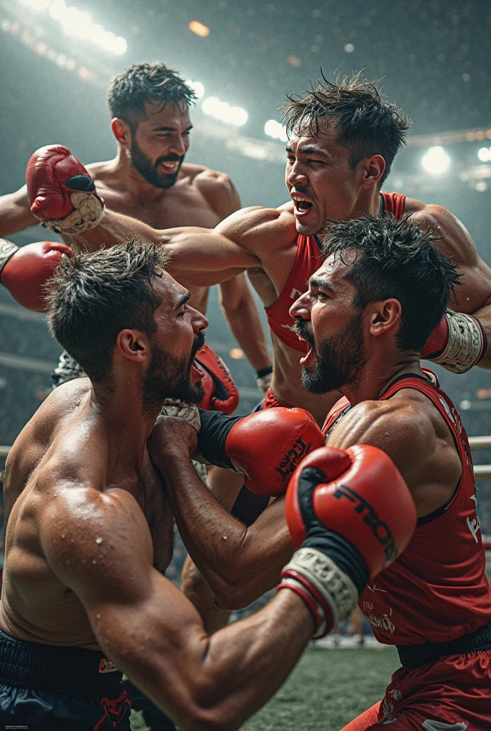hairy Italian daddy muscle boxing with a strong chest and colossal arms and biceps, he wear a oversize white boxing gloves fighting with his adult in a close fight, he is teaching to boxing in a small boxing gym with large mirrors where they reflect. They both look tired and sweaty. both are muscular, hairy and stronger. they are huge and be hug, sweat over his bodies