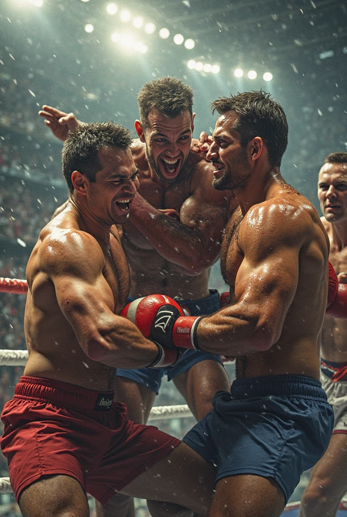 Older hairy Italian boxer showing off his huge biceps and very hairy armpits, He is standing on a boxing ring, their fight is over, he is tired and sweaty, His opponent is hugging him while kissing him passionately, both of them wearing huge leather gloves with laces., taped and huge.