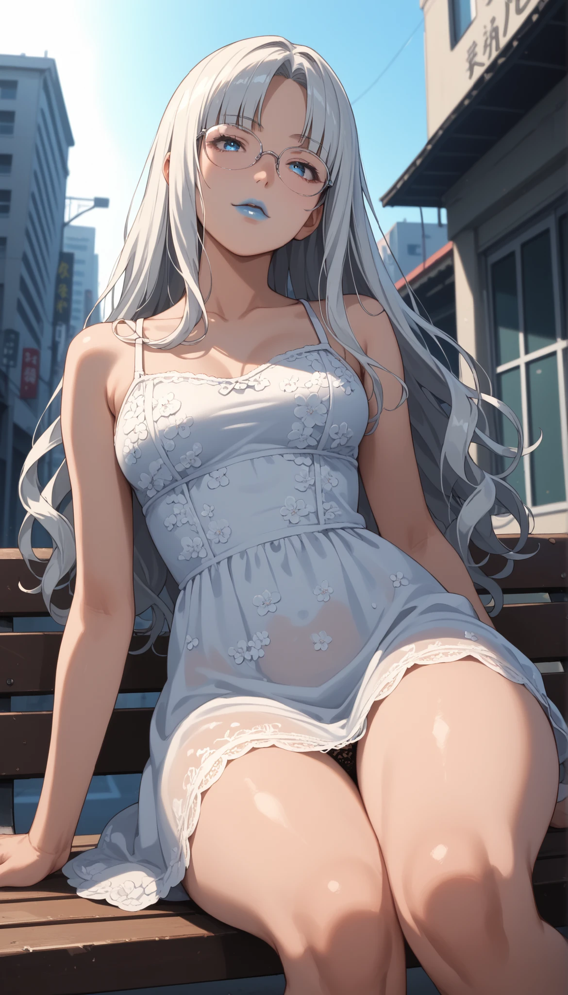 1 girl, lavender hair, long hair, lavender mature half updo, bangs hanging on the left side shoulder length hair strands hanging on either side tucked behind ears, light blue green eyes, Women's rimless glasses, large breast, Women's black sleeveless, see through bra, brown pencil skirt, pair black stocking, outdoor, perfect finger shape, the number of fingers is not excessive