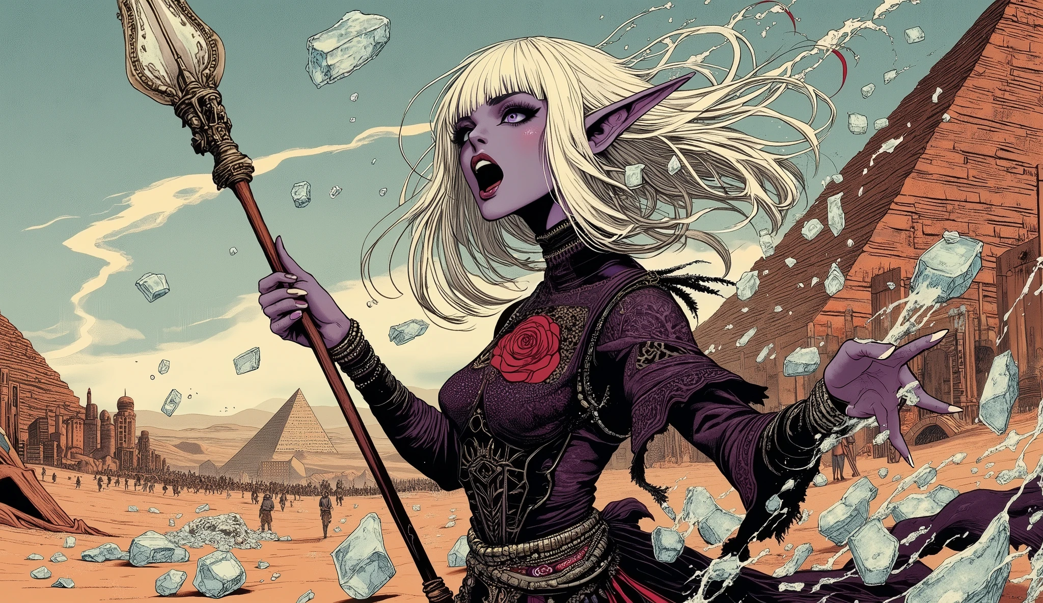 (A fusion of Ukiyo-e and dark fantasy. Aesthetic and gothic digital art. The illustration is drawn from a viewpoint looking up at a woman from a low position.) BREAK
(White hair. Blunt bangs. White eyebrows. Long white eyelashes. Almond-shaped eyes. Lavender eyes. Dark, thick eyeliner. Small pink lips. Slightly pointy ears. Dark purple skin. Thin limbs. Thin fingers. White fingernails. One thumb and four fingers accurately drawn.) BREAK
(A desolate world of arid red deserts and rocky mountains set in medieval Egypt. Strong sunlight shines, hot and strong winds blow, and red dust dances in the air. A female dark elf mage roars and screams, turns her back, twists her body in a daring pose, points her hands to the sky, and rains down from the sky many large frozen blocks of ice onto the ground with great force. The woman's feet are frozen white, frosty, and smoky. The enemy mummy warriors burst apart. The woman wears a jet-black silk lace-up dress with a dark crimson rose relief on a jet-black beaded choker and a thin, sheer, shiny Egyptian lace sash elegantly wrapped around her waist. She carries a large, double-handed ice-bladed spear. She weaves scraps of beautiful colors into her hair.)
