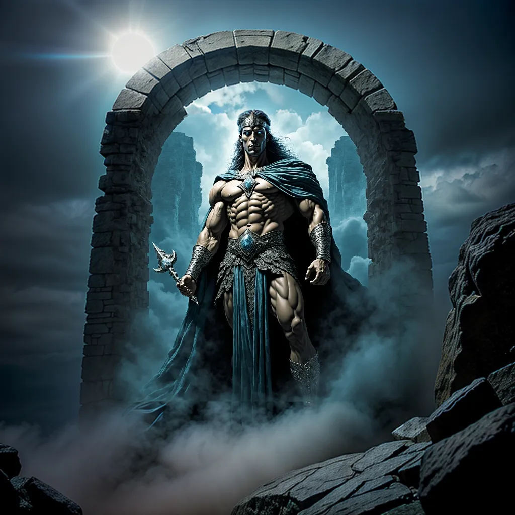 Enlil, the God of Wind and Storm, sits majestically within a futuristic Sumerian temple, the wind howling around him as he raises his arms to tame the turbulent sky, lightning flashing in the background. In the intricately designed temple, intricate engravings portraying legendary storms decorate the columns and statues of Enlil radiating power.Lucid billows of binary code surround Enlil as he channels the elements. In the driving rain, he pilots an old, but technologically advanced spaceship, storms swirling around it, leaving a trail of animated glitches behind as a testament to its power. --ar 2:3