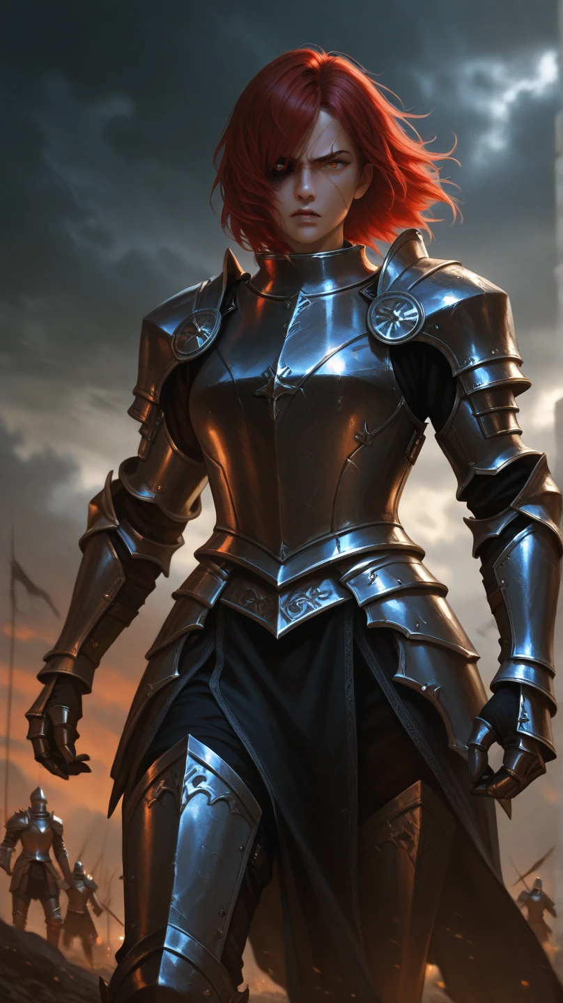 warrior, female, ginger ponytail, dark gray (helmet), dark gray (armor), plates, orange patterns, (big sword), (big shield), (masterpiece, best quality), (green eyes), (hyper realistic:1.6), ((detailed face)), ((award-winning)), (sharp), (8k resolution), (cinematic lighting)