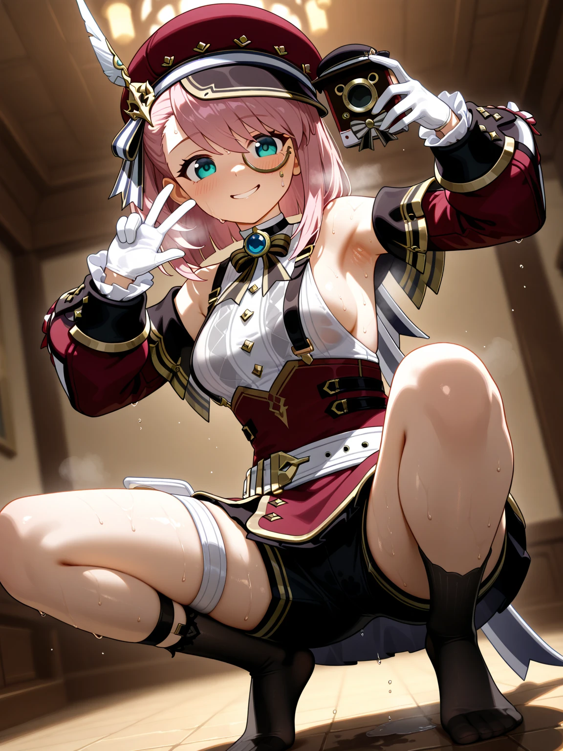 ((masterpiece, best quality)),high resolution, ultra detailed,8k,16k,detailed background, perfect lighting,detailed beautiful eyes,1girl,embarrassed,blush,look at viewer,show off breast,show off pussy,pussy juice,clitoris,steam,sweat,open mouth,ahegao,(from below:1.2), (pov:1.4),(front view:1.2),seductive eyes,half-closed eyes,(evil smile,vulgarity,spread legs:1.2),sweat,fisheye lens,stick tongue out,1boy,1penis,(vaginal,sex:1.4),girl on boy,trembling,saliva trail,squatting,hetero,cum in vagina,
,(short_stature,dwarf,kawaii),charlotteid, waving, pink hair, hat, gloves, monocle, bare shoulders, green eyes, long sleeves, short hair, detached sleeves, skirt,flat_color,child_body,pale skin,in house,medium breast,