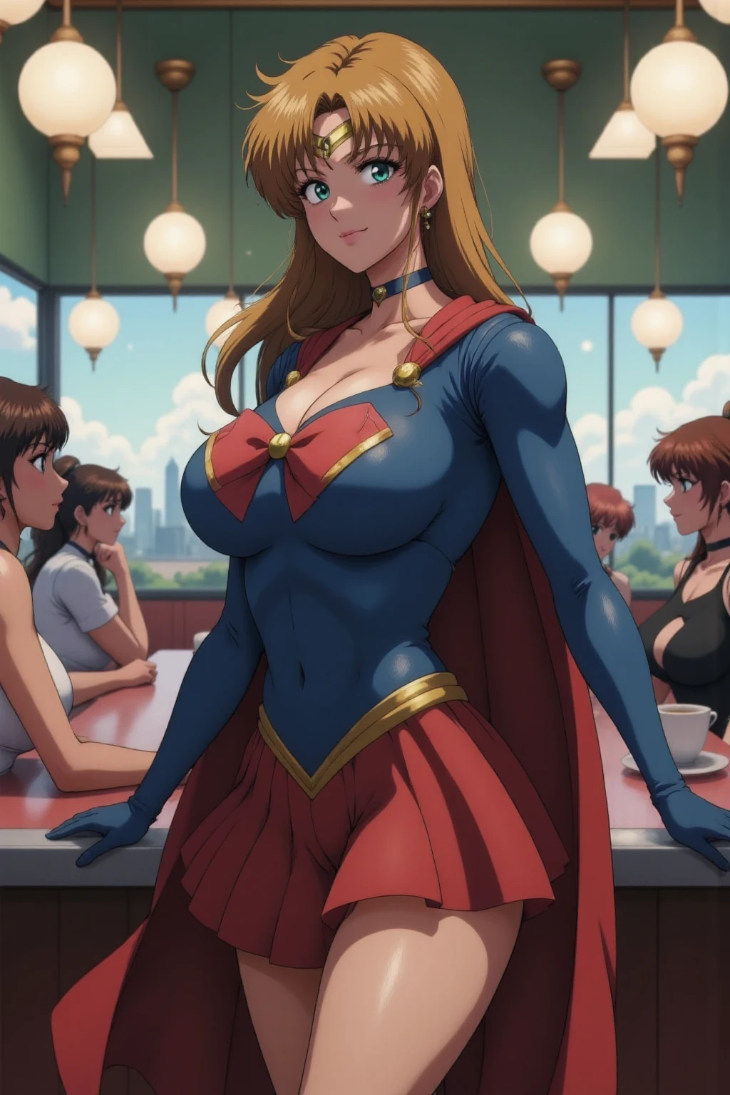 Full body image, bus completely packed with several Men around Princess Zelda in Ultraman costume, squeezing her body, elderly hairy old man with glasses 90 years old bearded holding her from behind. She has huge breasts, red hair in the wind, eyes light green, her outfit has a black shirt with white shot and white corset. They are all around her to cover up the old man's actions. She is happy giving a beautiful smile and showing off. Anime style, (16k:2.0), (highly detailed), (maximum quality), (maximum resolution), sharp focus.