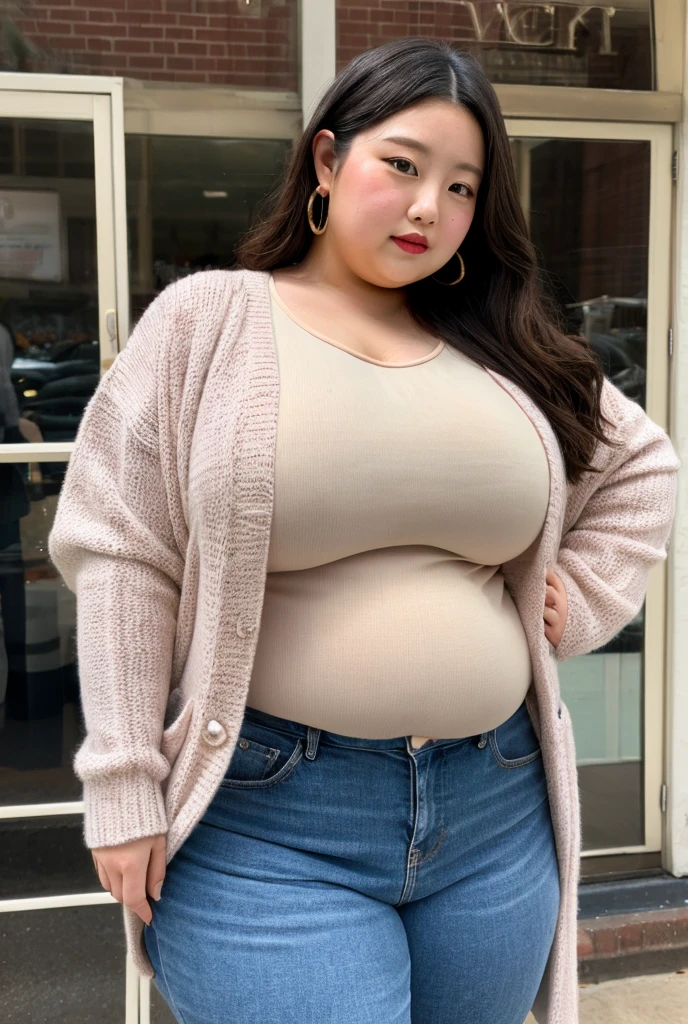 There is a woman with a bag standing in the room, approx. 1 , brown shirt, he is wear brown sweater, photo on Snapchat, wear brown, thick neck, she has a fat round belly, wear a tight shirt, with round cheeks, In a shirt, her face is dirty and sweaty, Ей approx. 1
