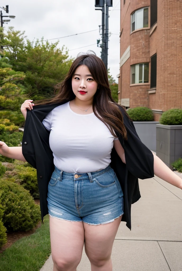 Sandara Park, her name is Akira, high quality, 1girl, ((25-year-old chubby asian woman)), ((25 years old)), (((curvy body))), SHORT BOB, pose: standing, wearing stylish fashionable Generation-Z modern wear different colored, BACKGROUND: city