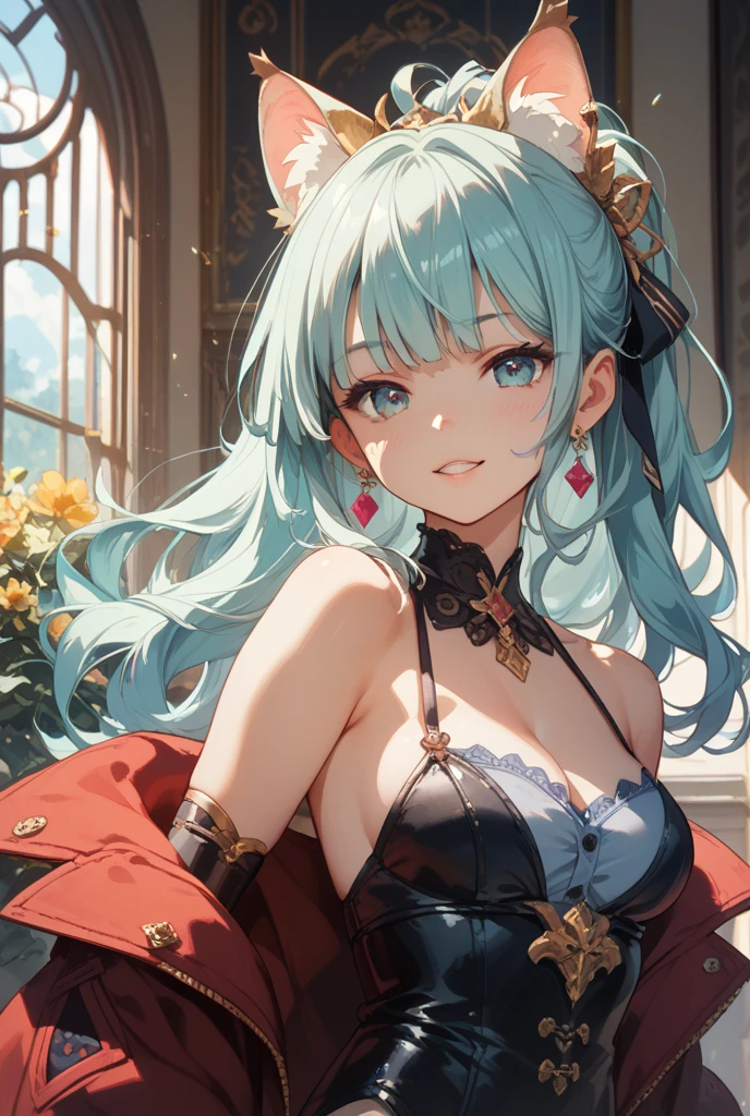 masterpiece, best quality, <lora:jean:1>,1girl,hatsune miku,green hair, long hair,twintails,headgear, detached collar,capelet, cleavage, strapless, detached sleeves,corset, white pants,belt