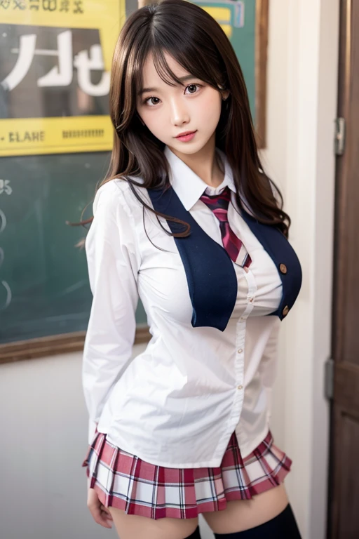 (Masterpiece, Masterpiece, 8k), One beautiful woman, Long blonde hair, blue eyes, A blue ribbon in her hair, High School Outfit, Black blazer, Black Skirt, Blue tie, Big Breasts, Thighs, Wearing high stockings, In the classroom, Serious expression, High resolution, Blur the background, Smile, Medium Bust