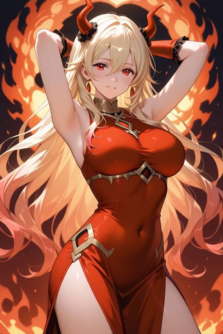 Emerging from the flames of hell、She wore a bright red mini see-through dress.、Goddess of Fire、A provocative smile with tongue out
