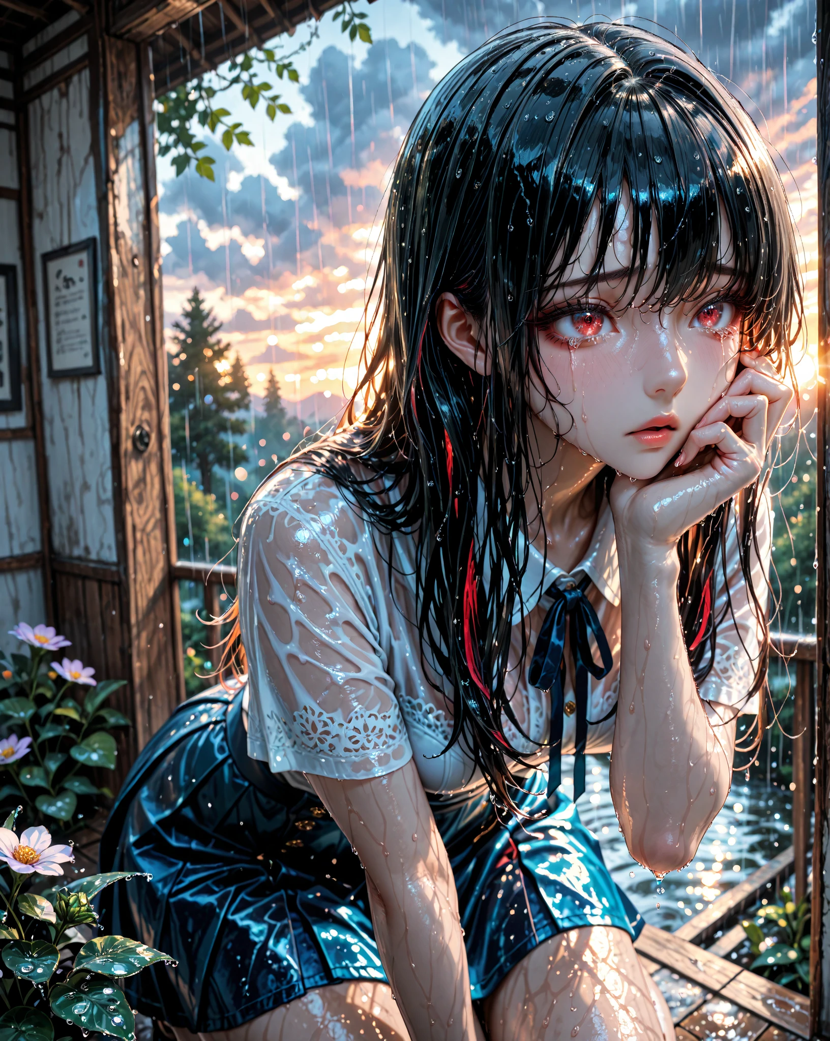 1 girl, emo_hairstyle, Red lipstick, collar, Eyeliner, eyeshadow, smoky eyes, realistic lighting, school, shirt , tie, skirt, Black Stockings, Very long hair, flat chest, shiny skin, bukkake, peeing self, pissing panties, 8 years old, idol girl, very young, cutie, very skinny, anorexia