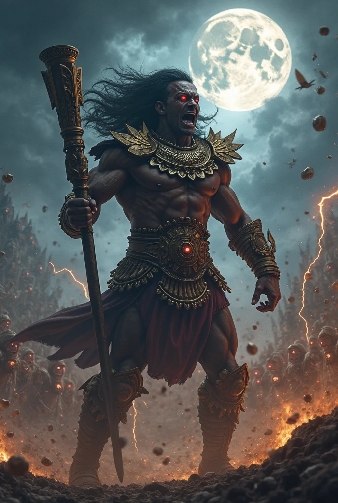 Ghatotkacha, the Giant Warrior: Ghatotkacha, the half-demon, half-human son of Bhima from the Mahabharata, towering over the battlefield. He is shown in his massive form, wielding a giant mace, with lightning crackling around him, as he charges into the enemy ranks.