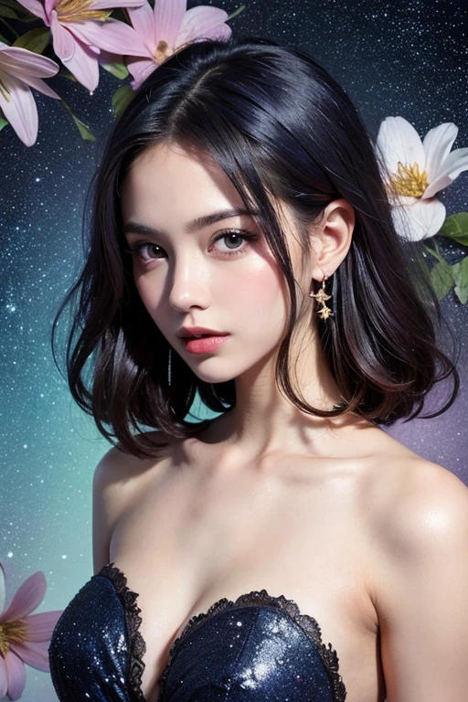 (whole body:1.3), (masterpiece:1.3), (8K, Reality, RAW photos, best quality: 1.4), Japanese, (1 girl),25 years old, Pretty Face, (Realistic face), (Black Hair, short hair:1.3), Beautiful hairstyle, Realistic eyes, beautiful eyes, beautiful eyes, (Realistic skin), Beautiful Skin, attractive, Ultra HD, HD, close up, portrait, Golden Ratio, Detail production, Look at the bystanders, Smile, (Shoulder shape), Mid-chest, (Best quality), ((masterpiece))bust, Delicate face, Determined gaze, Expose bare shoulders,Delicate hands, A celestial being, Light Particles, Halo, Energetic, Colorful colors, (Bioluminescence),(Detailed composition), Movie Lighting
