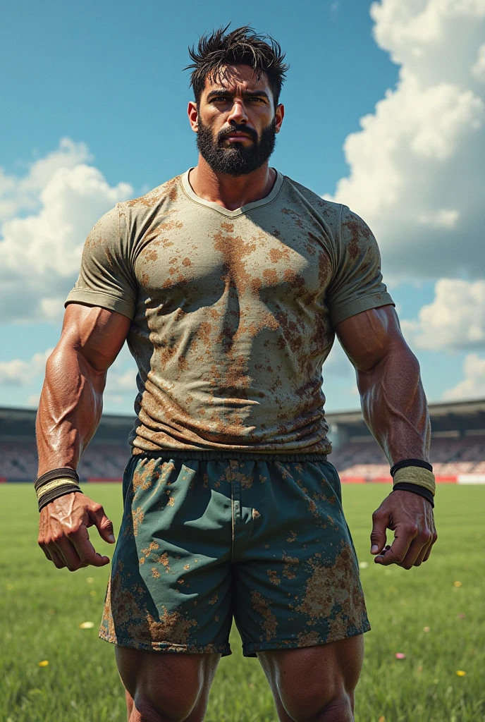 30 years old Handsome muscular HARYANVI JAAT, wetty skin, running sweat on body, standing in mud feild