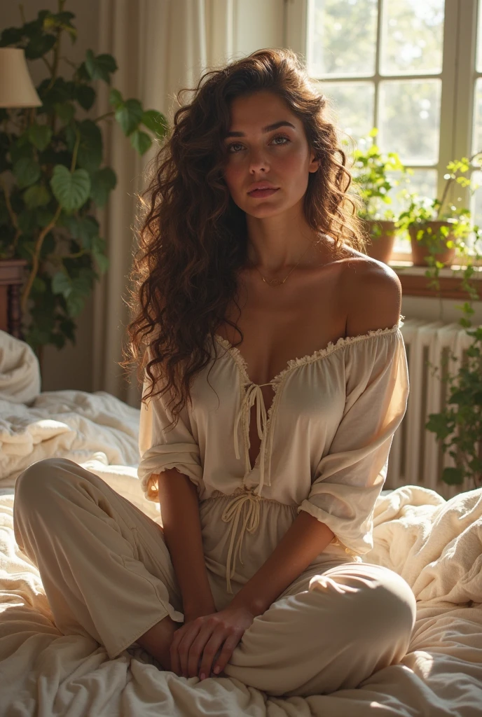 (photorealism:1.2), beautiful woman, sitting on bed, wearing loose off-shoulder top, pajama pants, long curly hair, indoors, soft lighting, plants in background, window with sunlight, cozy room, relaxed pose, realistic, intricate details, warm colors, by Greg Rutkowski, by Alphonse Mucha desnuda por completo y que se le note sus pesones y todo