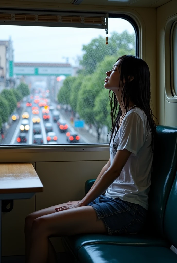 A raining​ day in Tokyo, year 2005, a idol high school girl sat on the seat of the old tram (with no air condition)​ next to the window that a rain droping. She have just ran through the heavy rain outside, her long dark hair still wet, Messy, her face and her clothes also wet too. Her age about 18 years. Her face still younger than her age, her face is no make up but still charming, she lay her head at the window and fall sleep . Outside window is a traffic jam. hyper-realistic, hyper_reality, Dramatic scene, vitage tram, old town city view, high defination, 8K