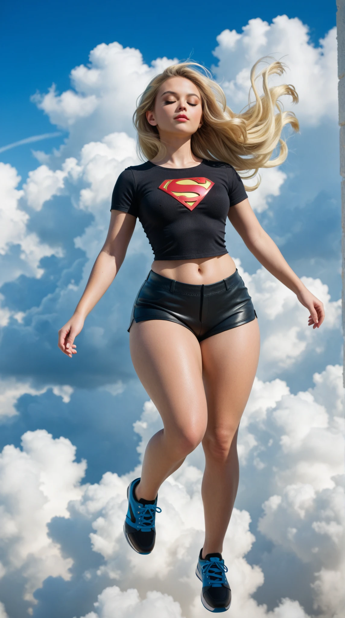 Supergirl's body set thick thighs cybernetic body parts, short underwear, (((morena com olhos verdes))), Superman S symbol on the chest, ((cabelo comprido)), 1 girl