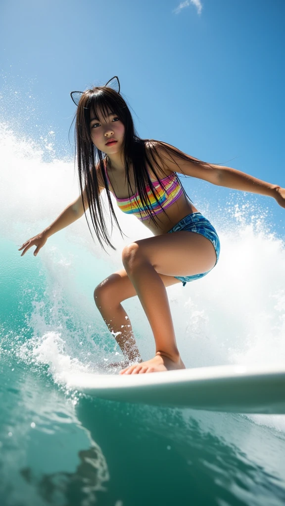 Full body shot,masutepiece,hight resolution,ultra-detailliert,ultra-quality,8K Portrait Photo,Realistic,glossy wet skin,Round face,(Light brown and pink two-tone ponytail hair:1.3,),Solo Idol Girl,Wetty ,Wet hair,(Surfing, vague:1.3,),(Ride a colorful surfboard:1.3,),wearing colorful bikini,(The performance of the winner in the international surfing competition:1.3、)Looking at Viewer,Sunlight,