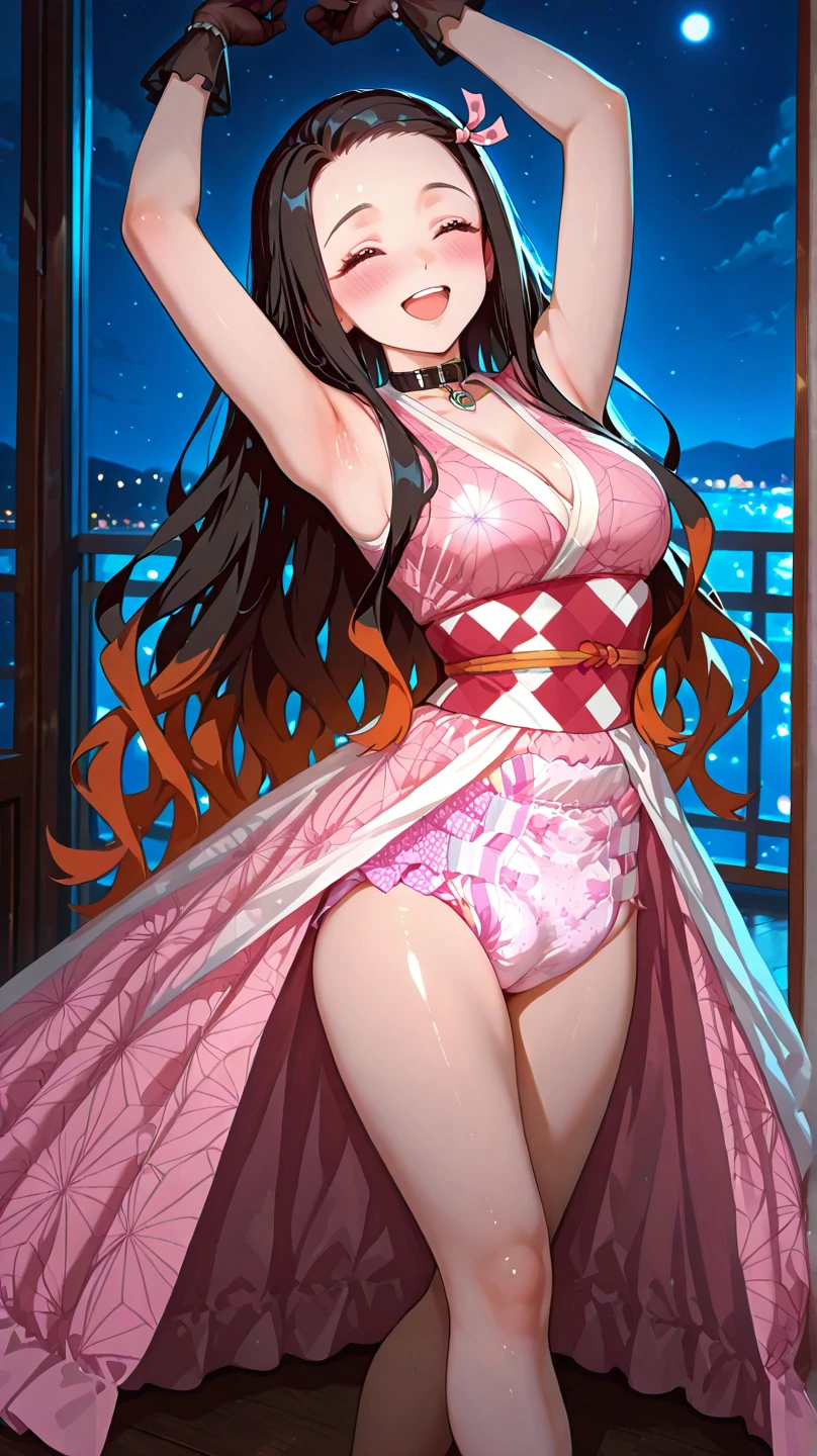 1 girl, (masterpiece), best quality, expressive eyes, perfect face, Chichi, black eyes, black hair in Japanese style ponytail with two long bangs, busty, pink reddish split Japanese dress open cleavage, purple full tights, red high heels, on cruise ship, standing smiling, full picture