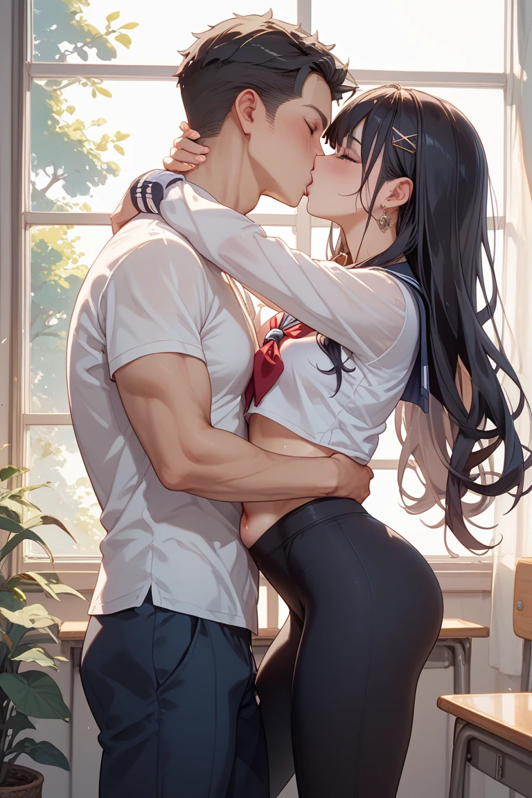(nsfw), 8K, highest quality, masterpiece, Ultra-high resolution, Hospital room, ((One male)), doctor, White, (Deep Kiss), (Embrace each other), (One female), Nurse uniform, Black Hair