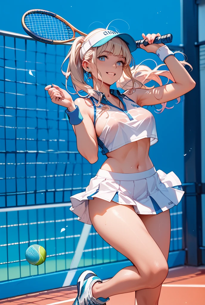 One Girl、独奏, Beautiful silver hair、((((Very short hair))))、Blue eyes、(blue visor)、(((Blunt bangs))), ((Medium Chest)), 24-years-old、 (((dark skin))), ((Tight tennis uniforms)), underboob, sleeveless, (tsurime), Tight waist、smile、 Fine details, Top rated on pixiv, Melon Books, (((アニメ_Screen capture))), アニメted gif, cowboy shot, ((panties)), Large crowd、Outdoor tennis court、sexy pose, bewitching pose, Model Pose, Lens flare、Shallow depth of field,