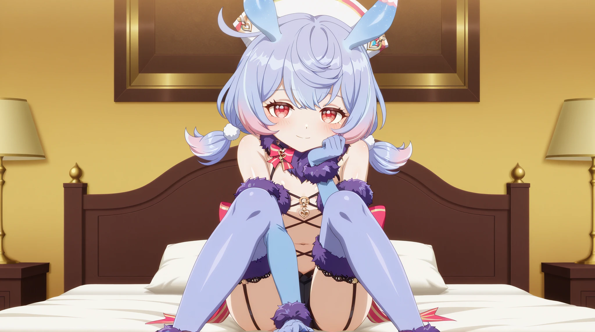 Anime girl sitting on bed in bunny girl gel coat with rabbit ears and bunny tail, Anime goddess, zerochan art, Loli, r /Bunny girl girl art, High-quality fanart, by Kamagurka, Pisif, perfect android girl family, at pixiv, Waifu, Illustration 8 K, Marin Kitagawa fanart, 《azur lane》role