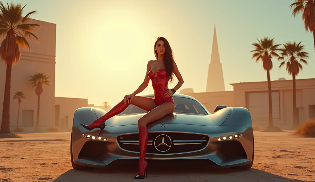 Beautiful companion, whole body, A high-leg leotard with a North Korean flag motif, Red Boots, Standing next to a new car