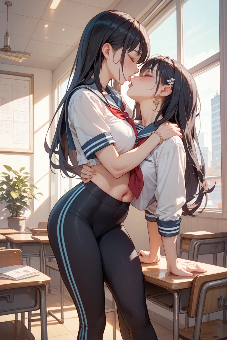 4 college girls，lesbian，kiss, kiss，brown or black hair,face turns red，hug，close both eyes，唇にkissをする, rub each other&#39;s breasts，I&#39;m shy，hug，breathe in，black lenth stockings，The light is dim，bedridden，My face is very red，extremely shy，spread legs，sitting on each other&#39;s laps，reach for someone&#39;s clothes，Unravel your clothed foot masterpiece, highest quality, , skirt, white panties under skirt, focus on feet, extreme back arch, big ass, defined butt, school classroom, doing splits on the desk, noticeable butt crack, looking at the viewer, without shoes,  uniform, (students looking at her:1.3), fascinating, fascinating expression, white thigh high socks, non-transparent socks, Huge 
