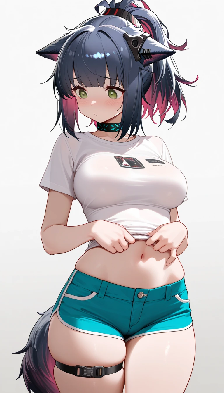 (best quality, masterpiece), 1 girl, centaur, It takes, White skin, Korean woman, black pink,Smiling, exposing the abdomen, belly button t-shirt , 아름다운 소녀 perfect white tiger photo, perfect white tiger photo