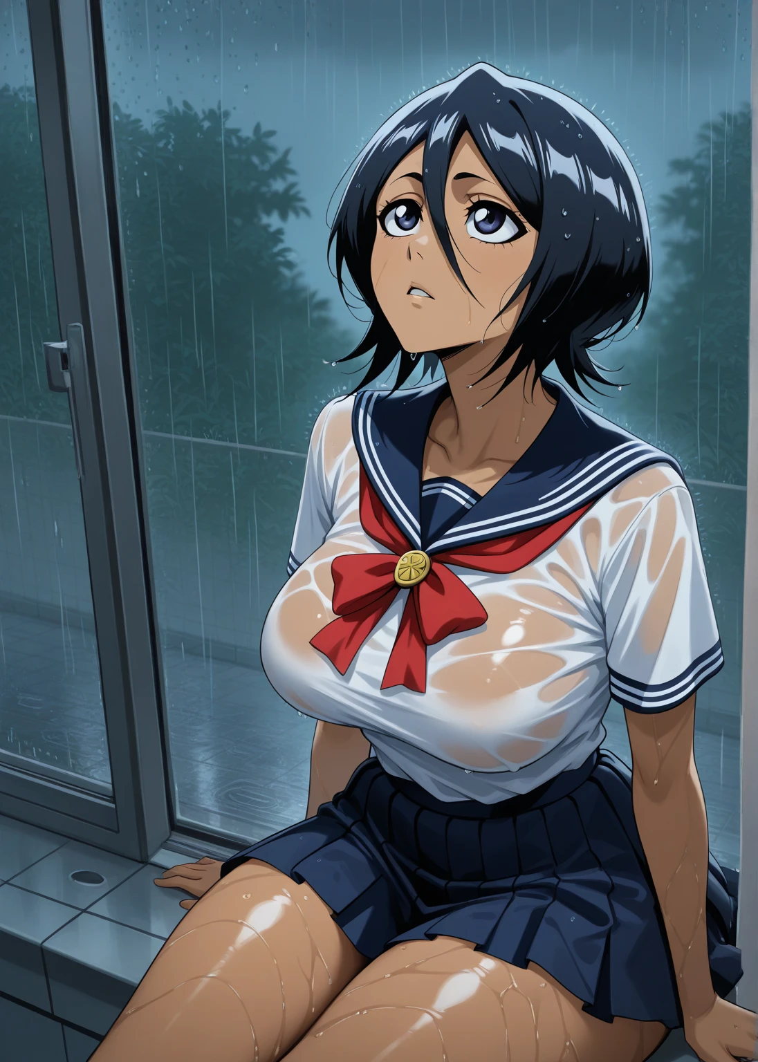 closed mouth, (16 years old), ((1girl)), ((((solo))), (((alone))), (((genderbend))), (((female))), wide hips, thick thighs, huge breast, narrow waist, ((blue top)), (jean mini shorts), ((anime artstyle)), long eyelashes, long black hair, (((raining))), (((storm))), (((at night))), (((wet))), in the dark
