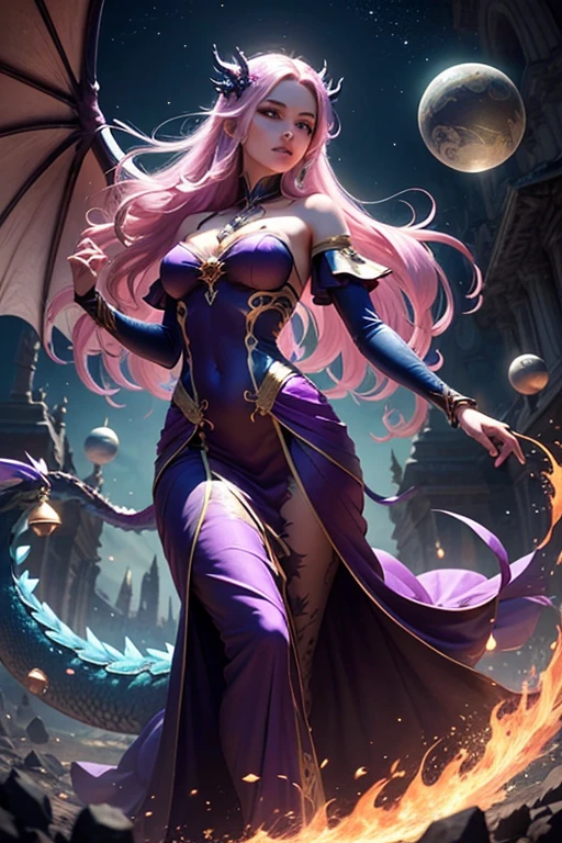 female adult elf with dark blonde hair, forehead, wearing a beautiful glowing dress with demonic Accessoires and gemstones and black silver armor details, demon horns, purple armor, full body, wizard dress, elven dress