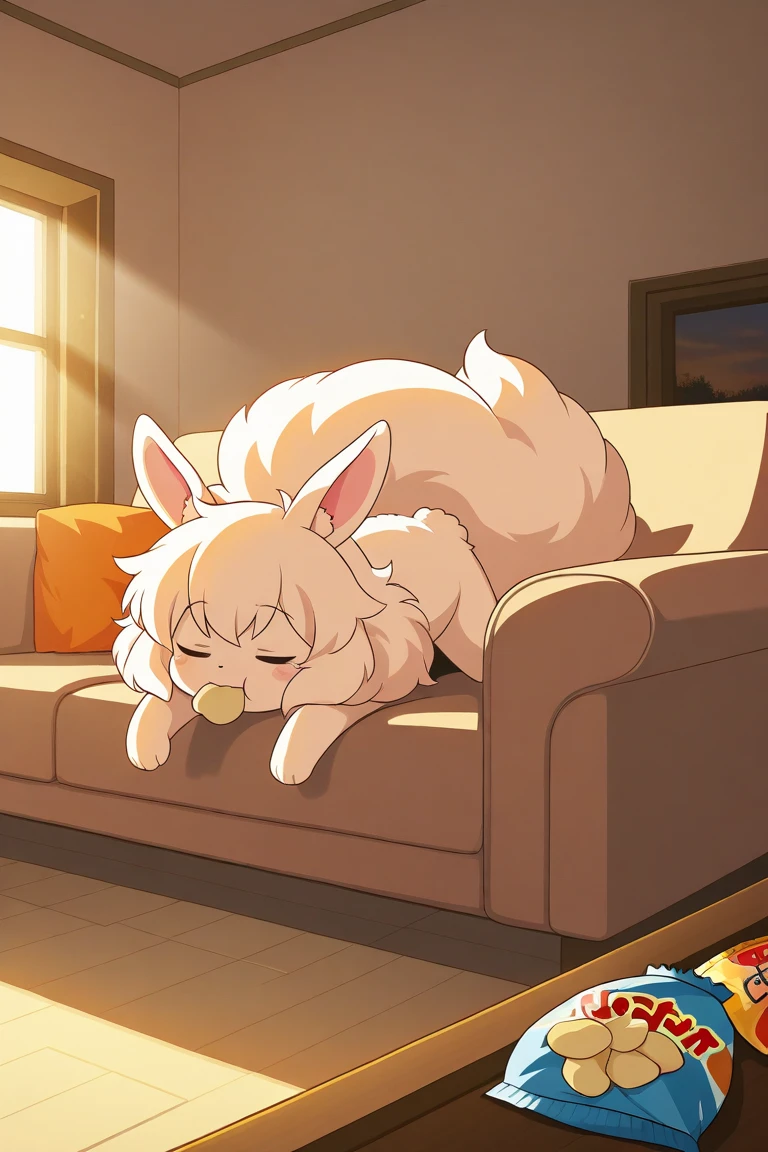 cute fluffy bunny, lying on a sofa, eating potato chips, lazy pose, relaxed expression, soft fur, cozy indoor room, sunlight streaming through window, opened chip bag, daytime, slice of life, anime style, storybook illustration, adorable, humorous, soft lighting, highly detailed, warm color tones