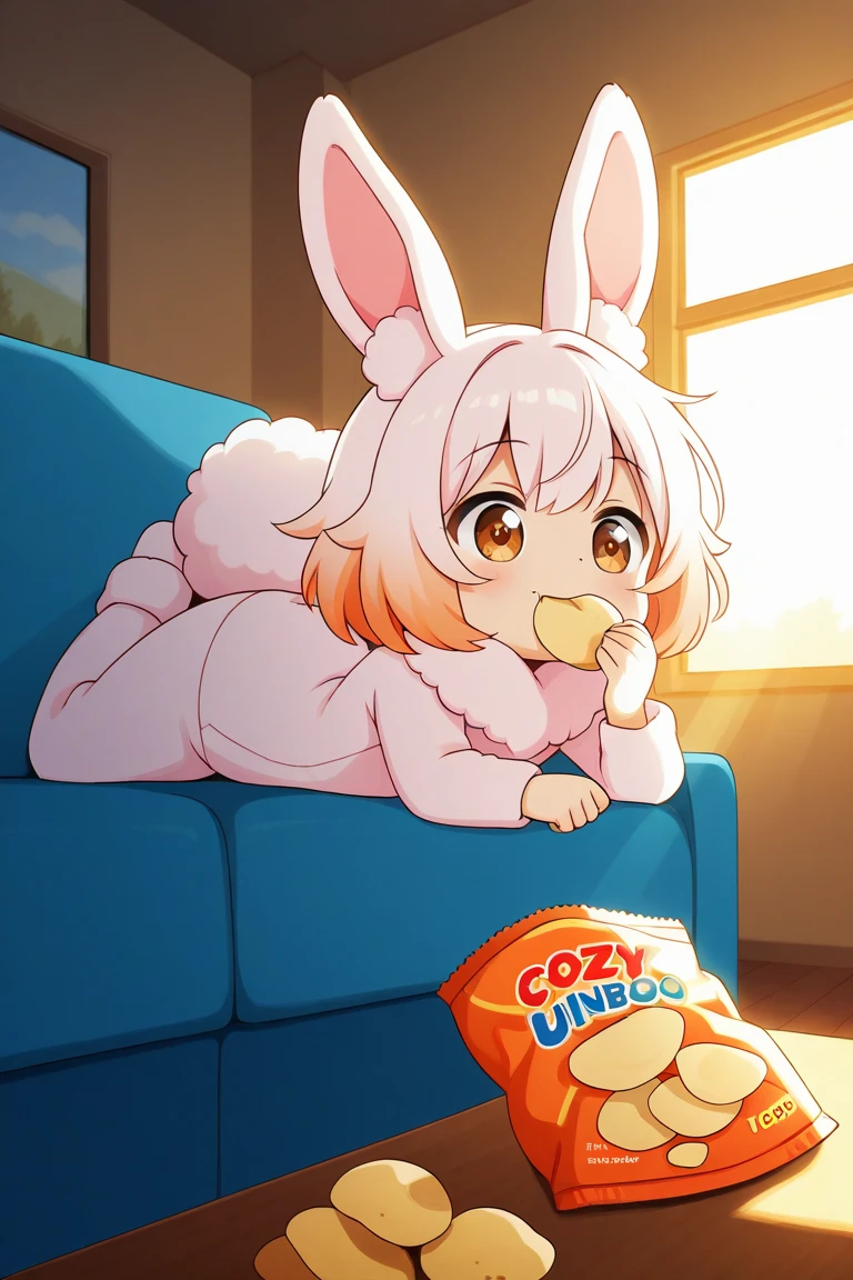 cute fluffy bunny, lying on a sofa, eating potato chips, lazy pose, relaxed expression, soft fur, cozy indoor room, sunlight streaming through window, opened chip bag, daytime, slice of life, anime style, storybook illustration, adorable, humorous, soft lighting, highly detailed, warm color tones