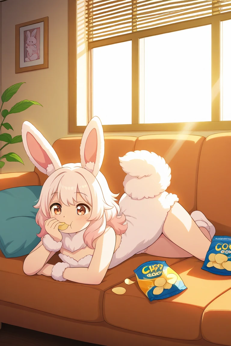 cute fluffy bunny, lying on a sofa, eating potato chips, lazy pose, relaxed expression, soft fur, cozy indoor room, sunlight streaming through window, opened chip bag, daytime, slice of life, anime style, storybook illustration, adorable, humorous, soft lighting, highly detailed, warm color tones