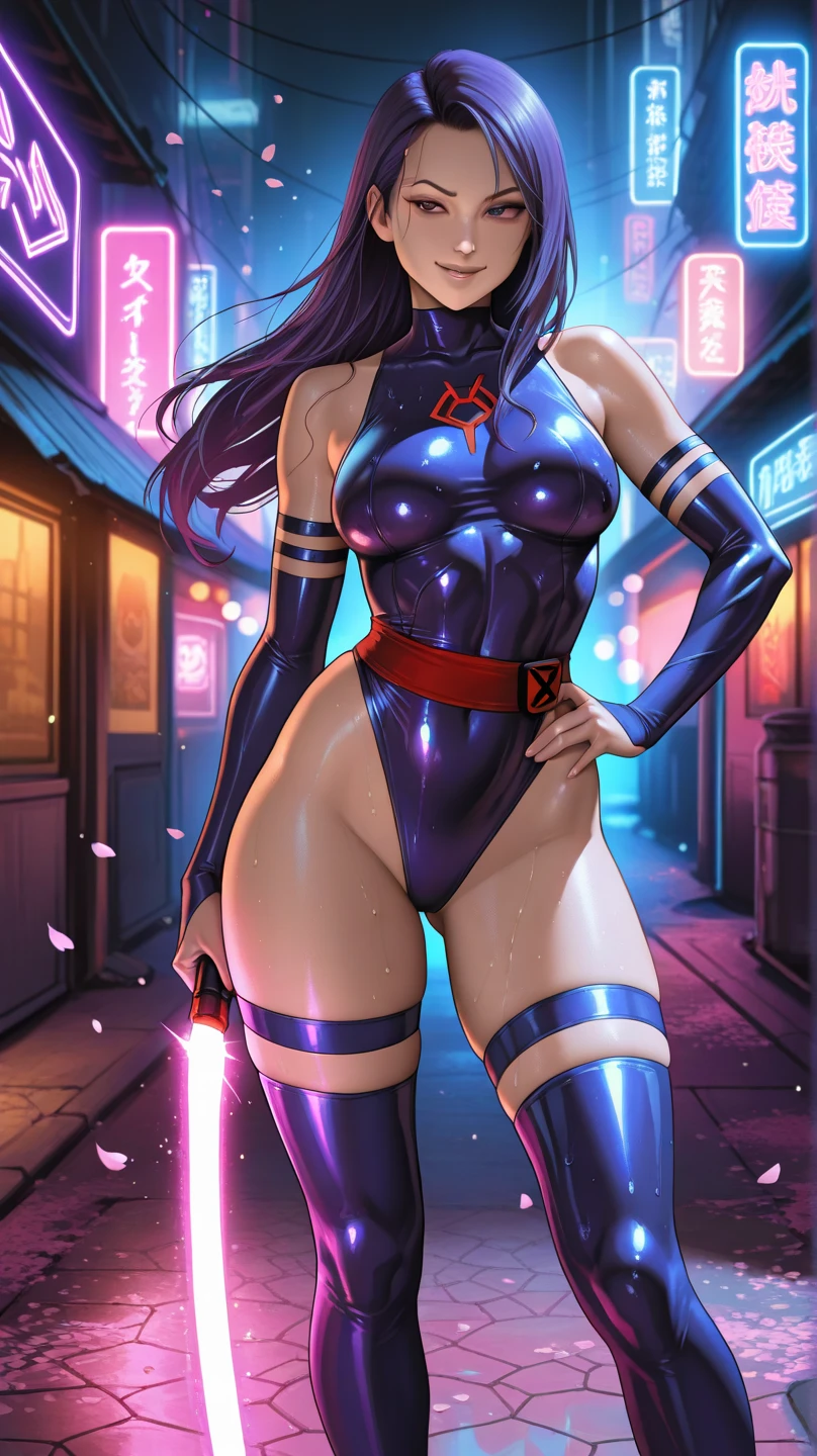 (((COMIC STYLE, CARTOON ART))). A comic-style image of Psylocke, with her as the central figure. She is standing, ((with her hands holding two katanas)). She wears a purple and pink costume, with a purple and pink mask. She has long, straight purple hair, purple eyes, and red lips. (((Hot body, sexy, sensual, camel toes))), She is surrounded by a night city, with skyscrapers, bridges and lights. She has a determined and confident expression, as if she is ready to fight crime.