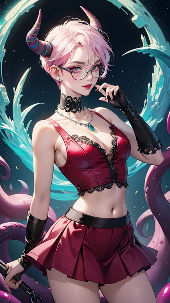 8k, masterpiece, best quality, highly detailed, 1 girl, tiefling, warlock, pixie cut, multicolored hair, very short straight hair red highlight hair on white hair, strippled hair, wearing glasses, round glasses, earrings, navel piercing, red eyeshadow, long eyelashes, blushed cheek, red lips, pearl necklace, rings, collarbone, mole on face, glamorous, teal and pink clothes, sleeveless, miniskirt, smirk, close up view, rings, looking at viewer, demon horns, solo, starry sky, pale blue moon, standing, demonic arms, chains on the background, black lace gloves, tentacles, orbs.