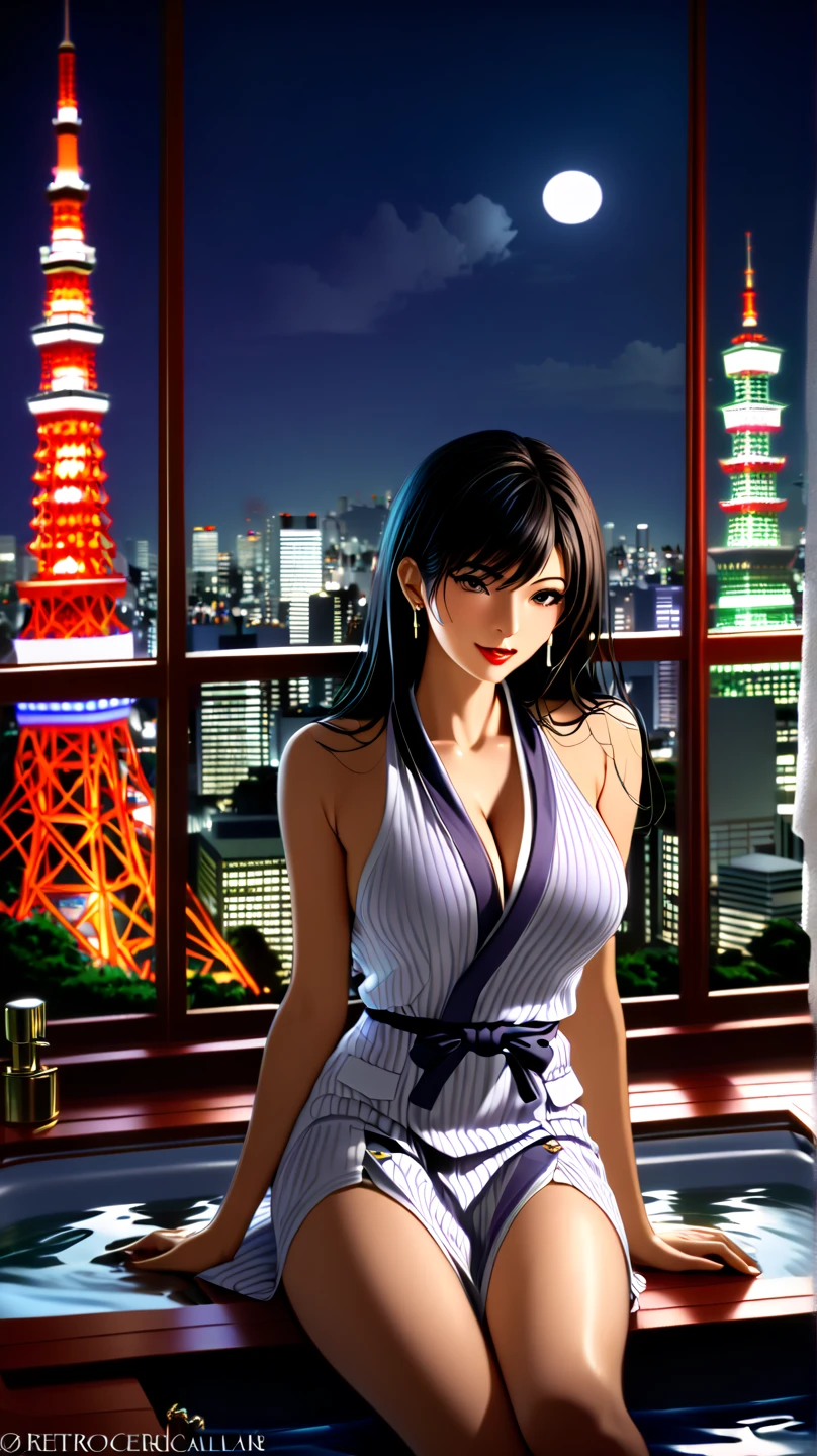 photo of mlp Meowko, RAW, beautiful woman, ((portrait)), ((detailed face:1.2)), ((anime face, anime facial feature, clear skin, glossy anime lips, clear skin), (short messy lesbian haircut, brunette: 1.55), (perfect proportioned body, Strong, muscular, narrow waist, narrow hips, skinny, large breasts, cleavage), arched back, (revealing clothes, wearing Short black long-sleeved stretch jersey dress with cherry print), (city balcony, midnight city, stary sky), (realistic photo, best quality, detailed), (8k wallpaper), (cinematic lighting, beautiful light, (night:1.3)) (sharp focus, intricate)