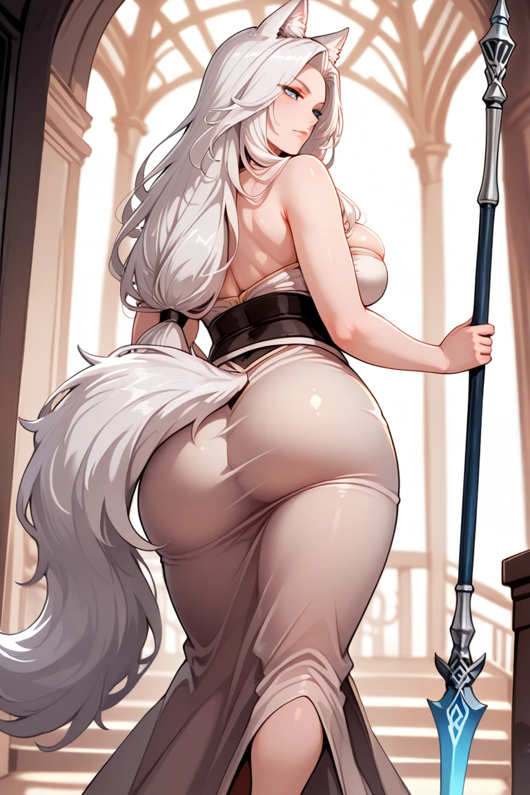 best quality, highest quality, masterpiece, high resolution, clean picture, smooth picture, high details, white background,
standing, looking back, looking at viewer,
1girl, white hair, hair ornament, yellow eyes,
thighs, ass,
narrow waist, thin waist,
gluteal fold, <lora:Gluteal_Fold:1> <lora:4_onepieceYamatoLoraBy_12Epoch364dim:1>