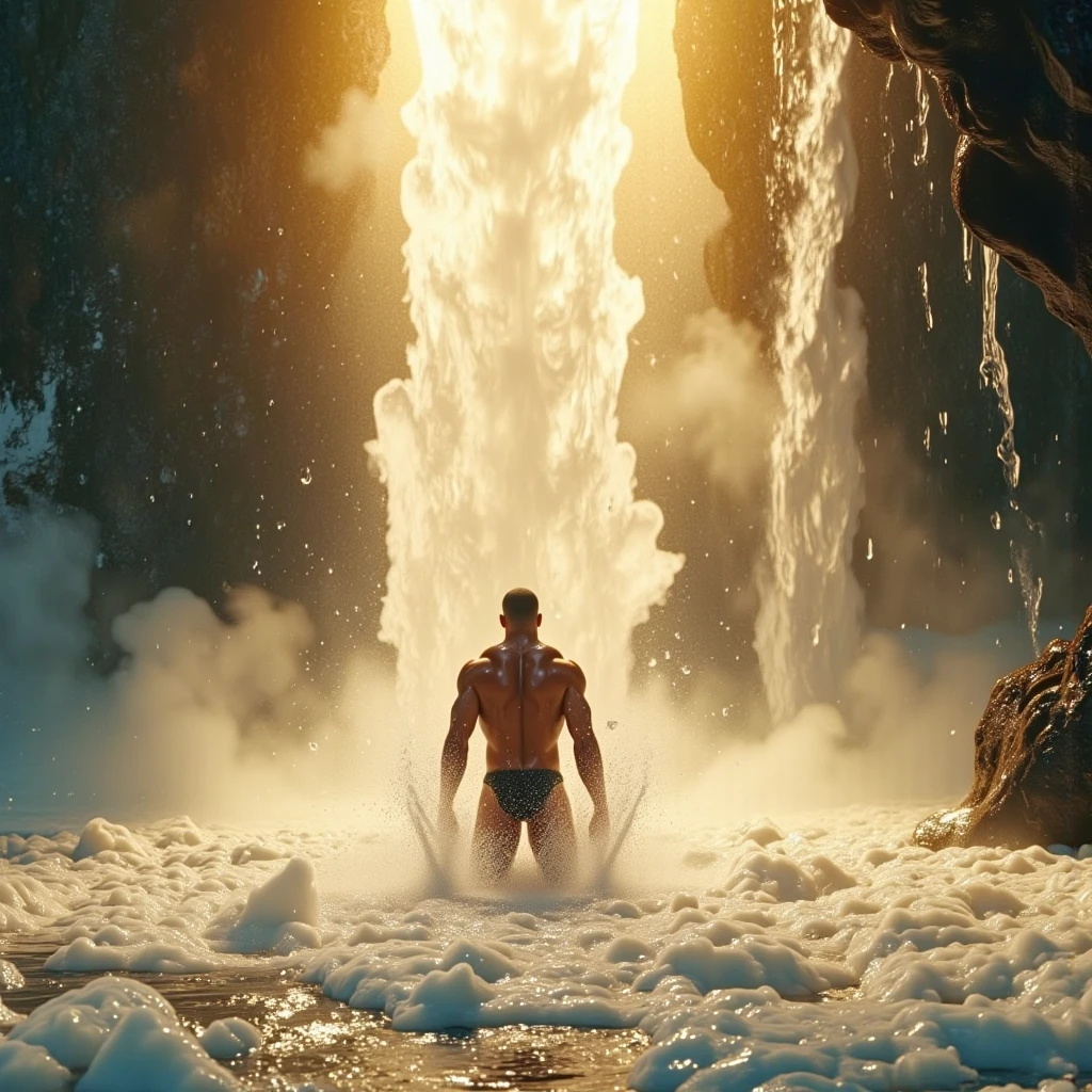 god of the sun, defined man, redhead, the bowl cut, brown skin, he is flying, with open arms, he is on earth, flying above the Amazon rainforest of Brazil, behind him is the sun in a giant size, he only uses a tarzan style thong, jungle men, sexy, his pose shows his sovereignty, full body.