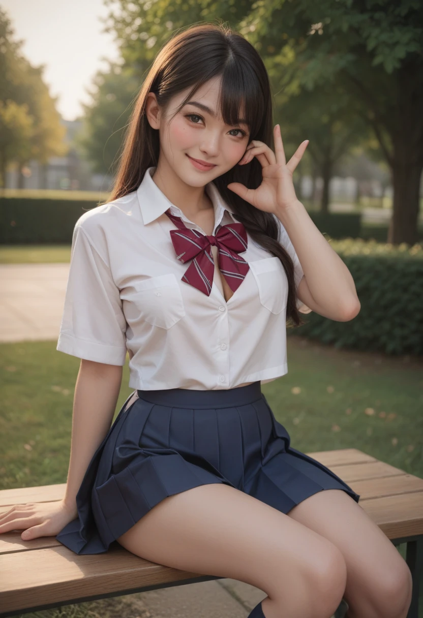 1girl in, Extremely cute face, Amazing face and eyes, (Highly detailed eyes, Highly detailed face), (Hyper-realistic, hight resolution), (Best Quality:1.4), Raw photo, (Realistic, Photorealsitic:1.37), Professional Photography, Cinematic Light, (lace bra:1.25), (Amazing breasts:0.8), (School uniform, Pleated mini-skirt:1.5), (Uniform with open chest), Smile slightly, Sitting, spread your legs wide, Staring at me, plein air, grass field, lawn, Benches,