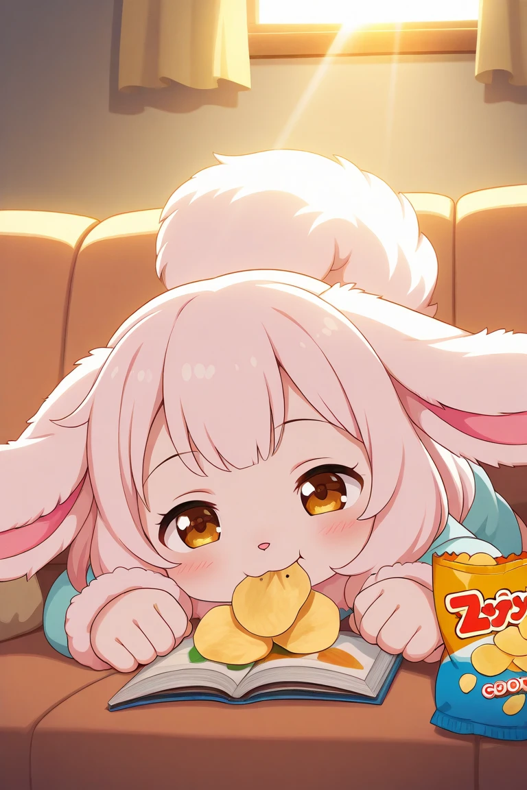 cute fluffy rabbit, lying on a sofa, eating potato chips, lazy pose, relaxed expression, soft fur, cozy indoor room, sunlight streaming through window, opened chip bag, daytime, slice of life, anime style, storybook illustration, adorable, humorous, soft lighting, highly detailed, warm color tones