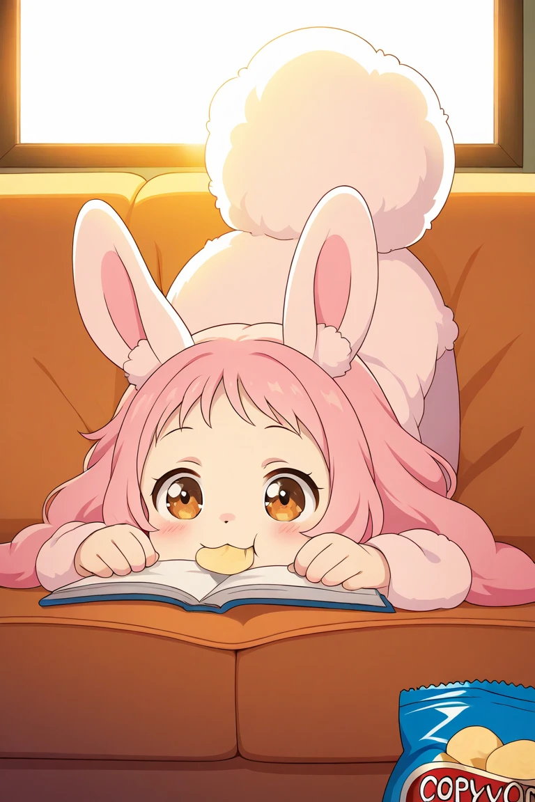 cute fluffy rabbit, lying on a sofa, eating potato chips, lazy pose, relaxed expression, soft fur, cozy indoor room, sunlight streaming through window, opened chip bag, daytime, slice of life, anime style, storybook illustration, adorable, humorous, soft lighting, highly detailed, warm color tones
